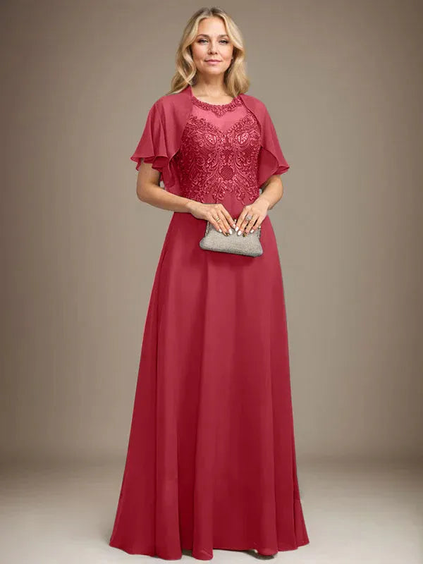 A-line Scoop Illusion Floor-Length Lace Chiffon Mother of the Bride Dress With Sequins