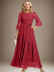 A-line Scoop Ankle-Length Lace Chiffon Mother of the Bride Dress With Bow