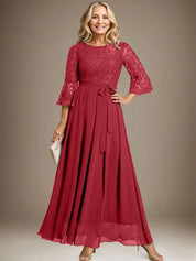 Robe de mère de la mariée trapèze en mousseline de soie et dentelle, longueur cheville, avec nœud