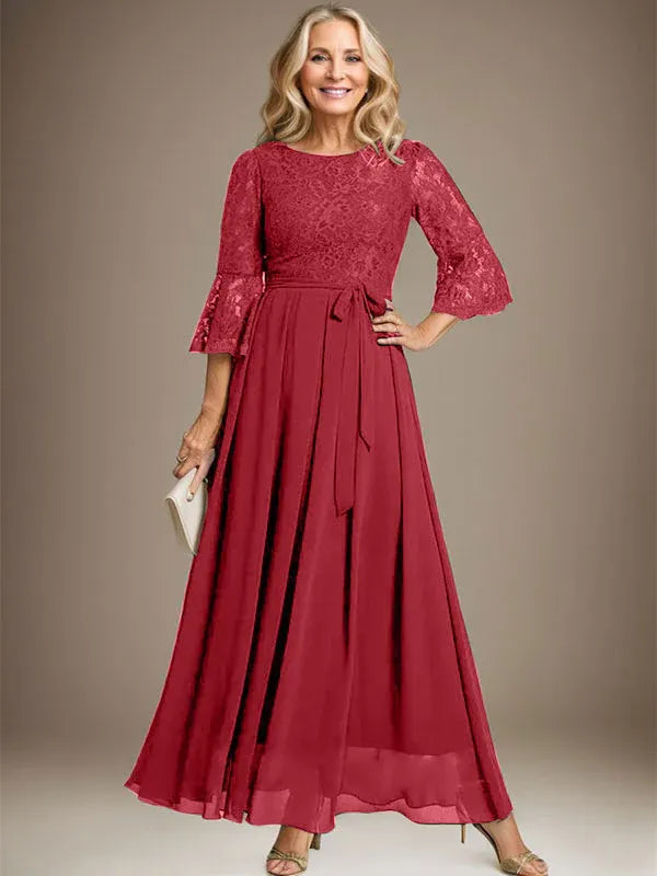 Robe de mère de la mariée trapèze en mousseline de soie et dentelle, longueur cheville, avec nœud