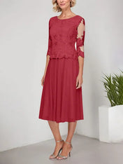A-line Scoop Tea-Length Lace Chiffon Mother of the Bride Dress With Embroidery