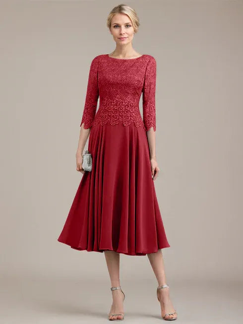 A-line Scoop Tea-Length Lace Chiffon Mother of the Bride Dress