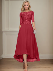 A-line Boat Neck Illusion Asymmetrical Chiffon Lace Mother of the Bride Dress With Sequins Beading