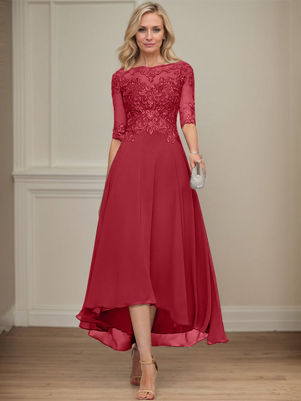 A-line Boat Neck Illusion Asymmetrical Chiffon Lace Mother of the Bride Dress With Sequins Beading