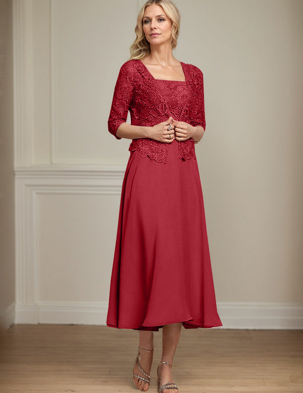 A-line Square Tea-Length Chiffon Lace Mother of the Bride Dress With Sequins Beading