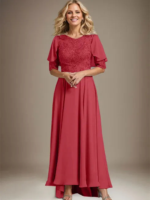A-line Scoop Illusion Asymmetrical Chiffon Lace Mother of the Bride Dress With Beading
