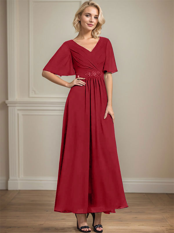 A-line V-Neck Ankle-Length Chiffon Mother of the Bride Dress With Pleated Beading Sequins