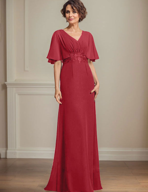 A-line V-Neck Floor-Length Chiffon Mother of the Bride Dress With Pleated Sequins Appliques Lace