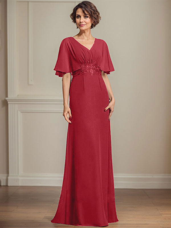 A-line V-Neck Floor-Length Chiffon Mother of the Bride Dress With Pleated Sequins Appliques Lace