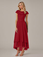 A-line Boat Neck Illusion Asymmetrical Chiffon Lace Mother of the Bride Dress With Applique Pleats