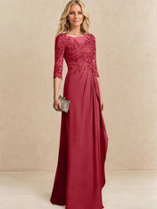 A-line Scoop Illusion Floor-Length Chiffon Lace Mother of the Bride Dress With Beading Sequins Cascading Ruffles