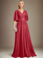 A-line V-Neck Floor-Length Chiffon Lace Mother of the Bride Dress With Crystal Brooch Rhinestone