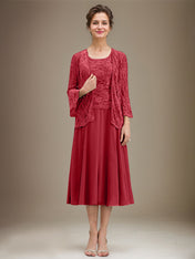 A-line Scoop Tea-Length Lace Chiffon Mother of the Bride Dress With Sequins