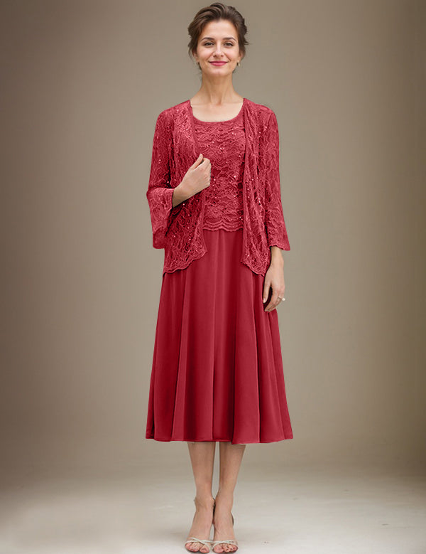 A-line Scoop Tea-Length Lace Chiffon Mother of the Bride Dress With Sequins