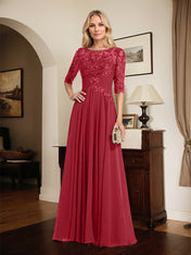 A-line Scoop Illusion Floor-Length Chiffon Lace Mother of the Bride Dress With Pleated Sequins