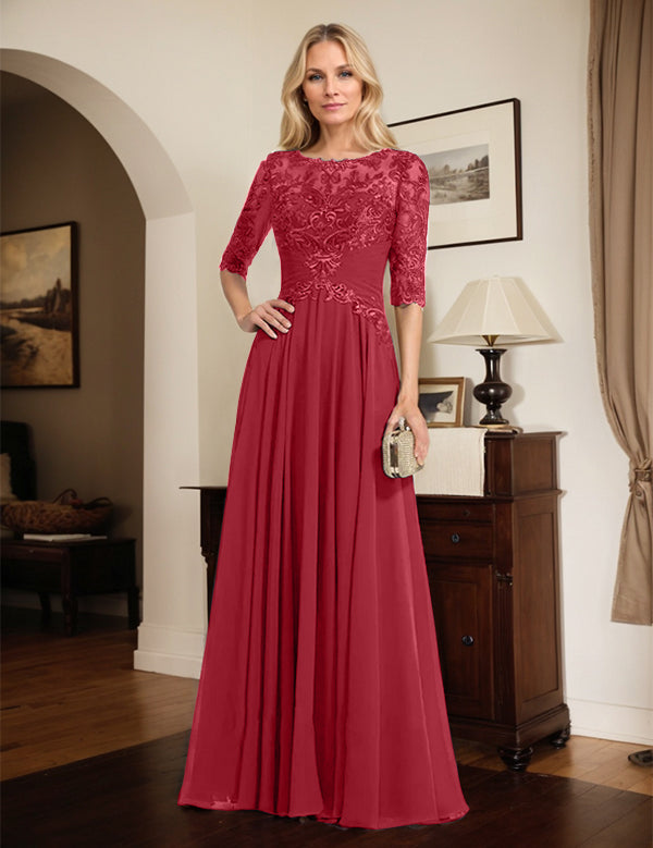 Robe de mère de la mariée trapèze en mousseline de soie et dentelle, longueur au sol, avec décolleté en V et sequins plissés 