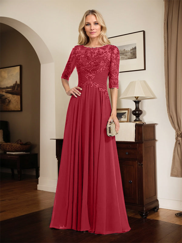 A-line Scoop Illusion Floor-Length Chiffon Lace Mother of the Bride Dress With Pleated Sequins