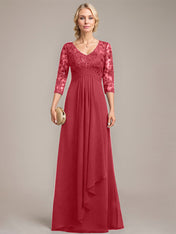 A-line V-Neck Floor-Length Lace Chiffon Mother of the Bride Dress With Cascading Ruffles Sequins