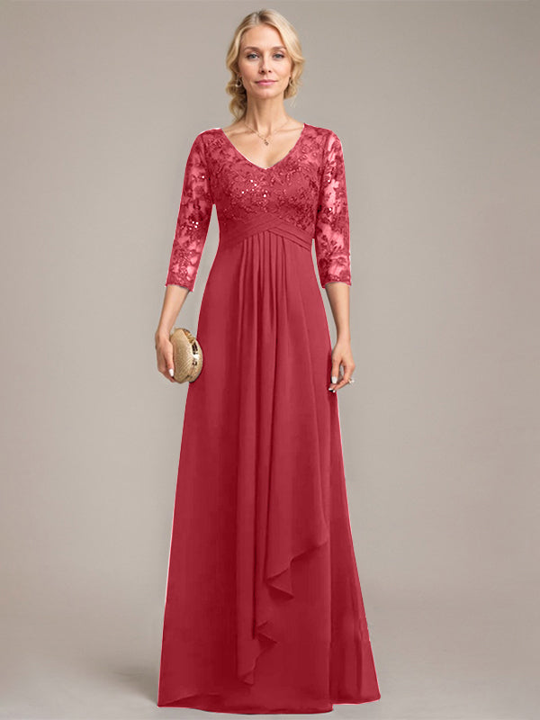 A-line V-Neck Floor-Length Lace Chiffon Mother of the Bride Dress With Cascading Ruffles Sequins