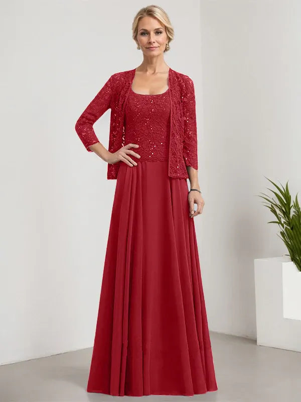 Robe de mère de la mariée trapèze carrée, longueur au sol, en mousseline de soie et dentelle, avec paillettes 