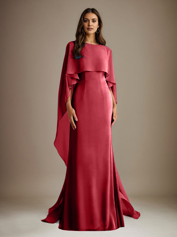 Robe de mère de la mariée en mousseline, coupe fourreau/colonne, col bateau, longueur ras du sol, avec volants en cascade 