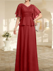 A-line V-Neck Floor-Length Chiffon Mother of the Bride Dress With Pleated Beading