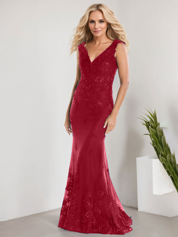 A-line V-Neck Floor-Length Lace Chiffon Mother of the Bride Dress With Applique Sequins Mermaid Dresses