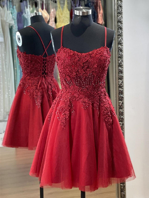 Wine Red A Line Short Homecoming Dress with Lace Appliques