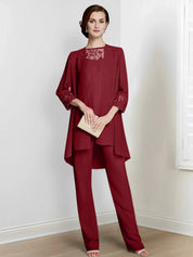 Tailleur-pantalon en mousseline à manches longues pour mère de la mariée avec veste 