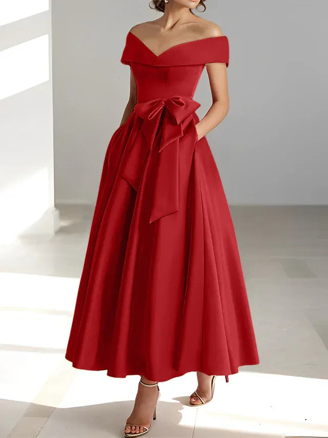 Princess Off-the-Shoulder Sleeveless Ankle-Length Mother of the Bride Dresses with Pockets