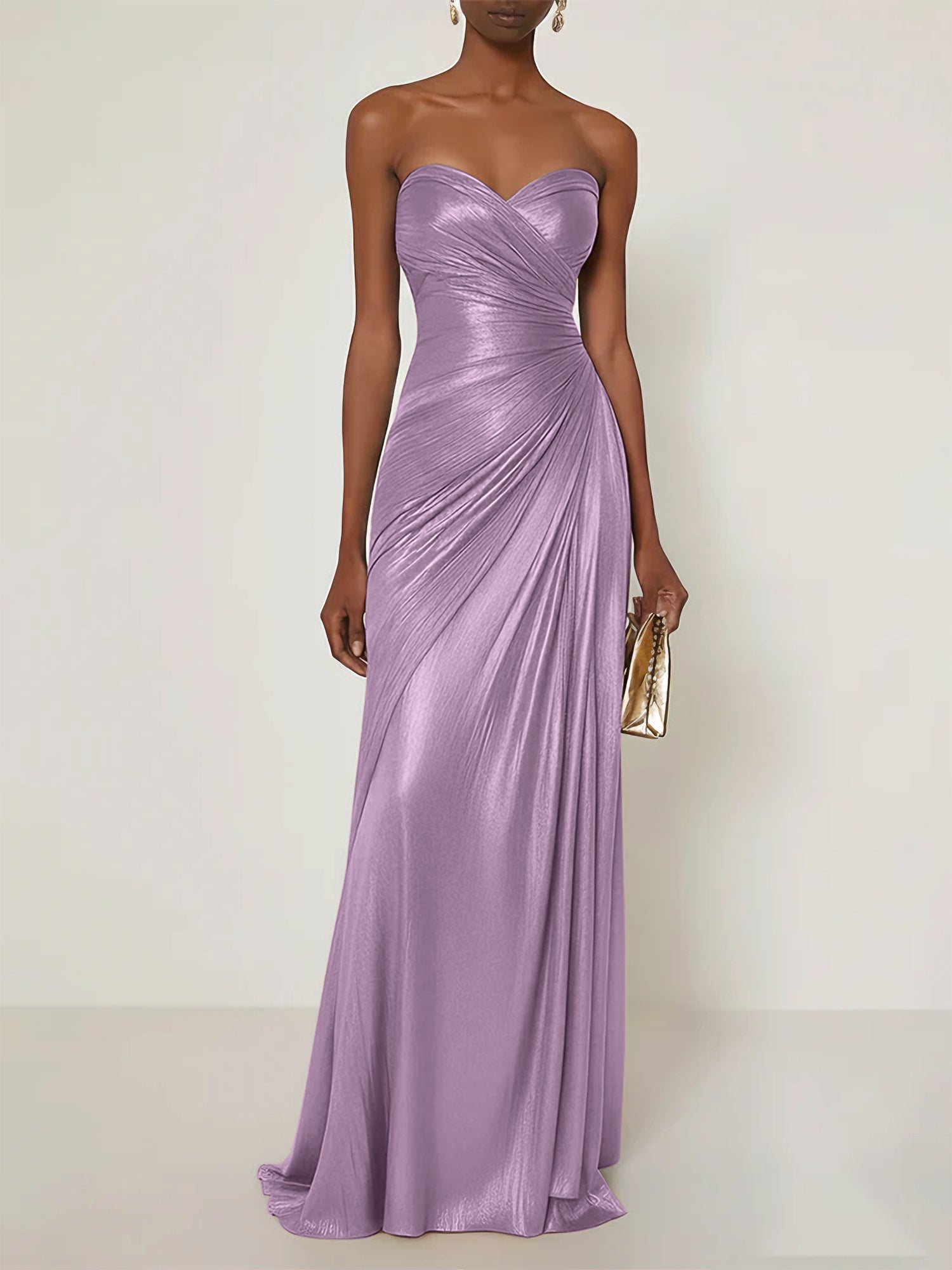 Evening Formal Dress V Neck Silver Silk Ruffles Strapless Maxi Dress