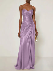 Evening Formal Dress V Neck Silver Silk Ruffles Strapless Maxi Dress