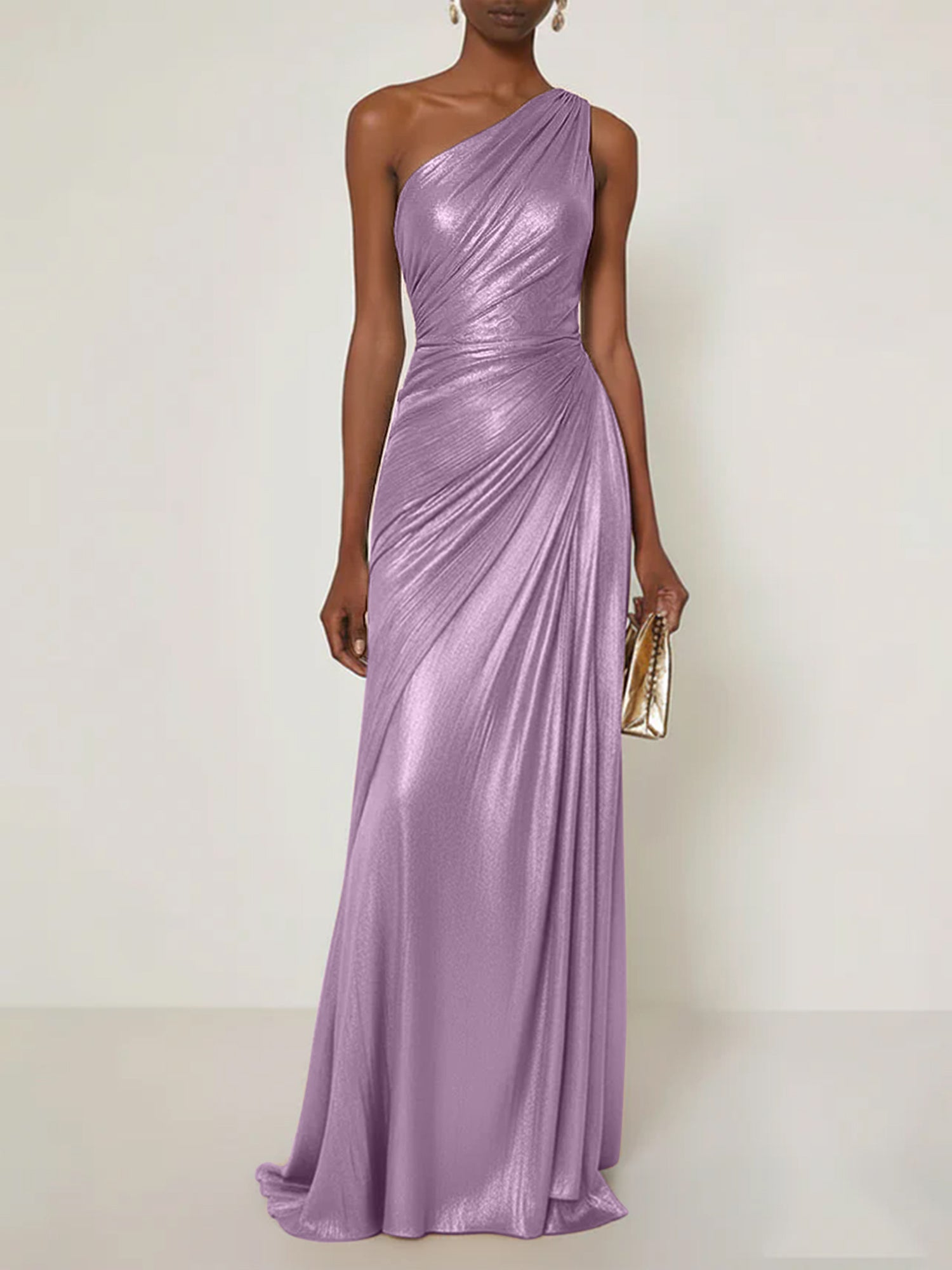 Evening Formal Dress One Shoulder Silk Ruffles Maxi Dress