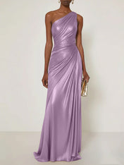 Evening Formal Dress One Shoulder Silk Ruffles Maxi Dress