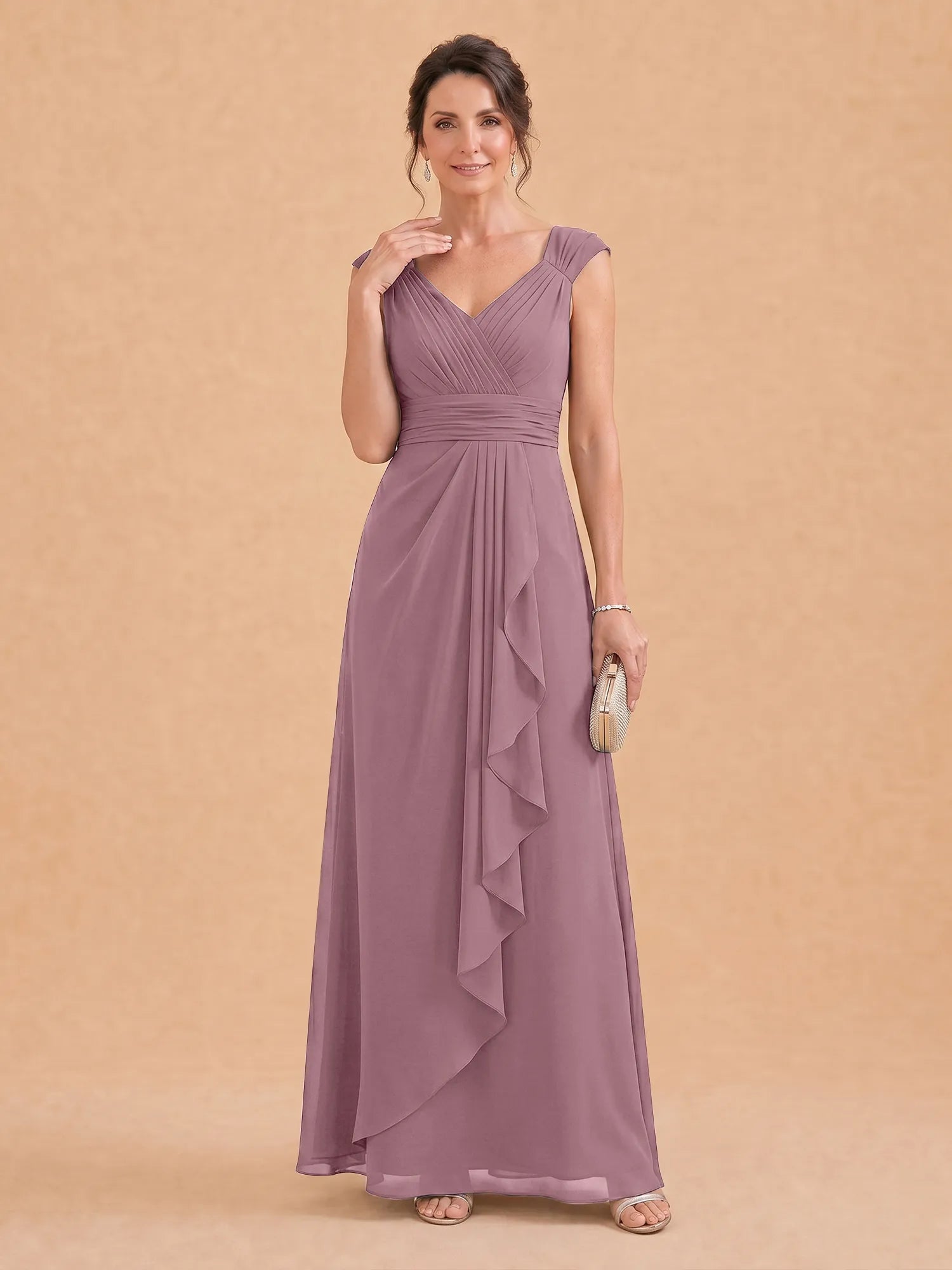 V-Neck Ruched Chiffon A-Line Mother of the Bride Dress with Cascading Ruffle