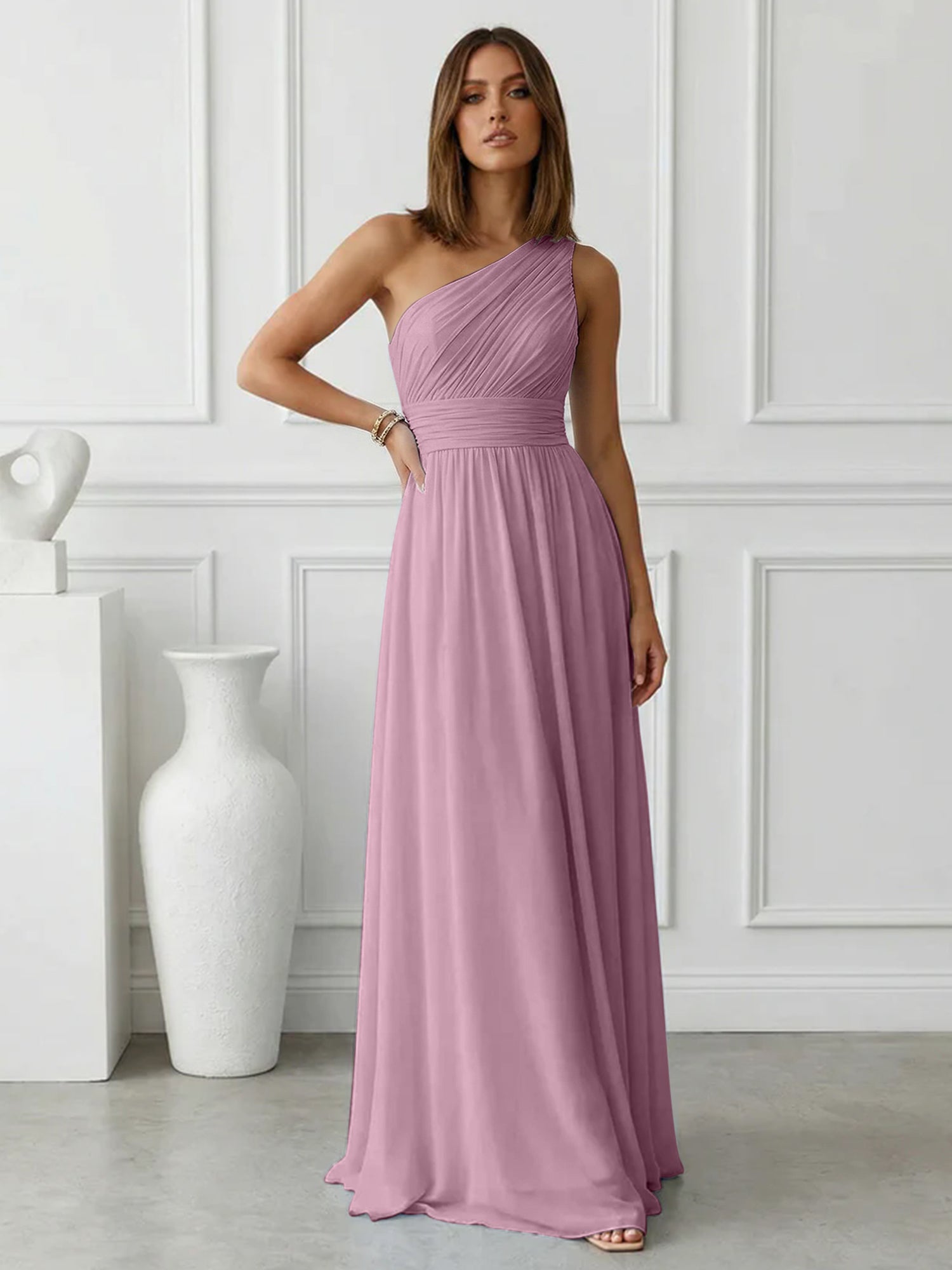 Timeless Light Blue One-Shoulder Maxi Dress Ruched Chiffon Gown