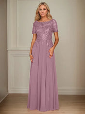 A Line Chiffon Boat Neck Short Sleeves Floor Length Mother of the Bride Dresses