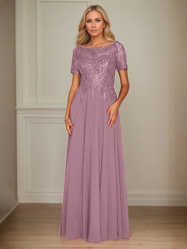 A Line Chiffon Boat Neck Short Sleeves Floor Length Mother of the Bride Dresses