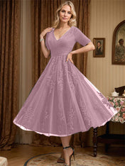 A-line V-Neck Tea-Length Tulle Lace Mother of the Bride Dress With Pleated