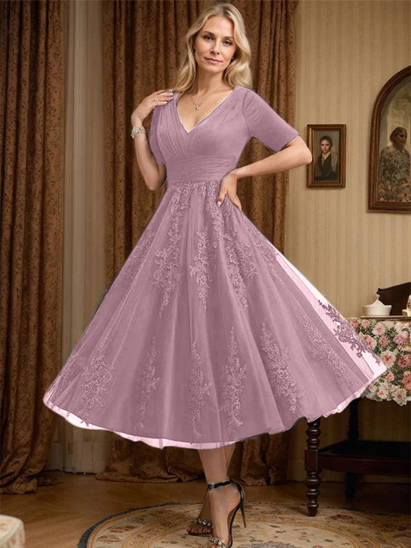 A-line V-Neck Tea-Length Tulle Lace Mother of the Bride Dress With Pleated