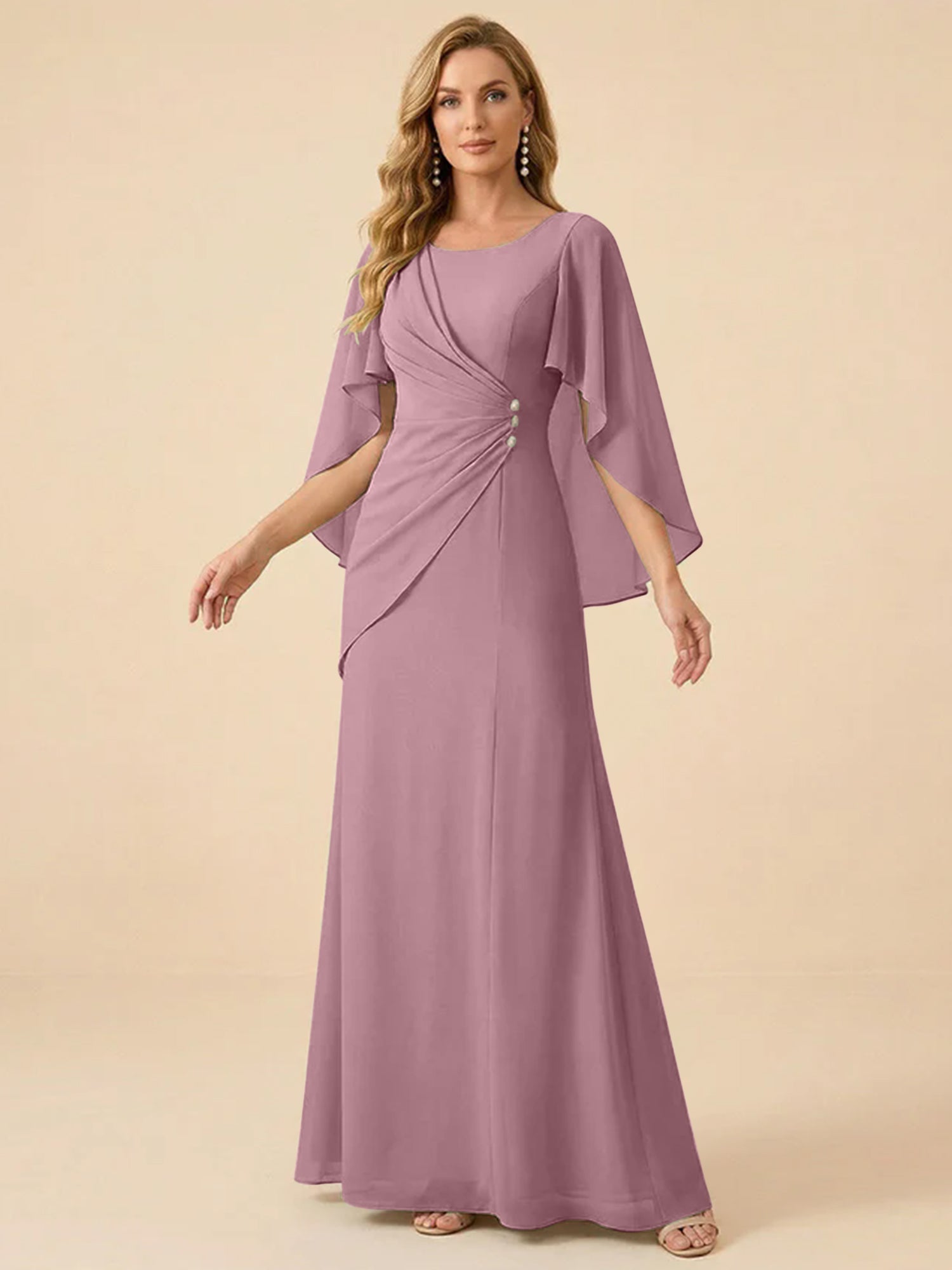 Sage Green Chiffon Beaded Mother of the Bride Dress with Cape Sleeves