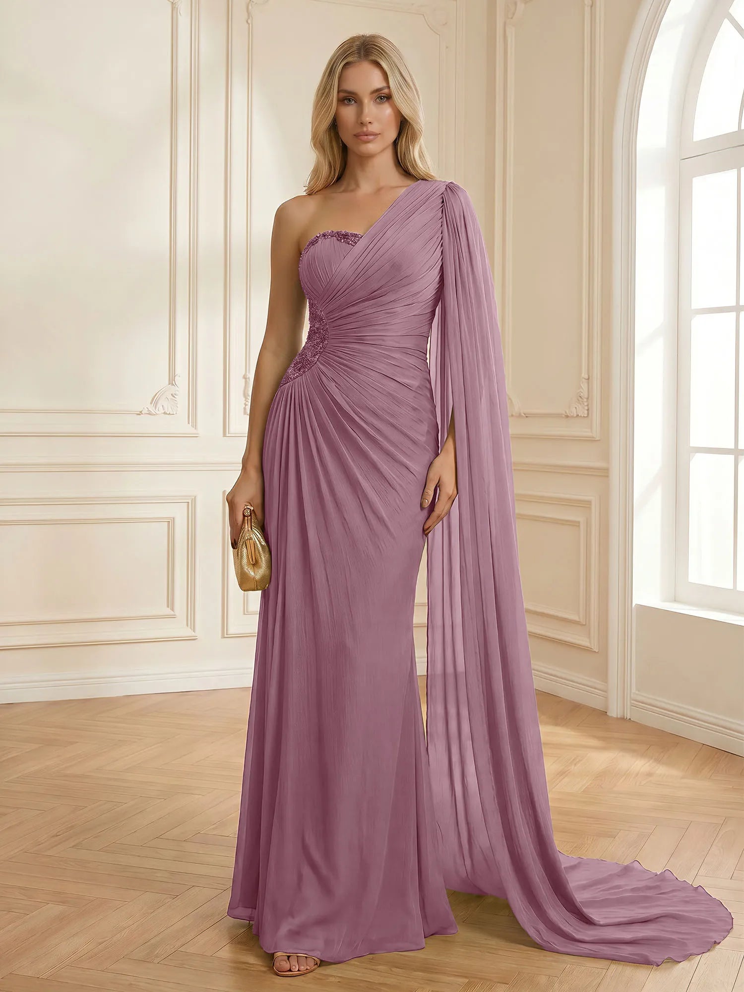 Sage Green One Shoulder Beaded Evening Gown with Cape Sleeve