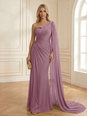Sage Green One Shoulder Beaded Evening Gown with Cape Sleeve