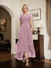 A-line Scoop Illusion Asymmetrical Chiffon Lace Mother of the Bride Dress With Bow Ruffle Sequins
