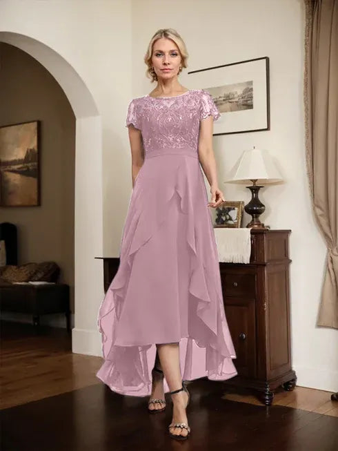 Robe de mère de la mariée asymétrique en mousseline de soie et dentelle, coupe trapèze, décolleté en V, avec nœud, volants et paillettes 