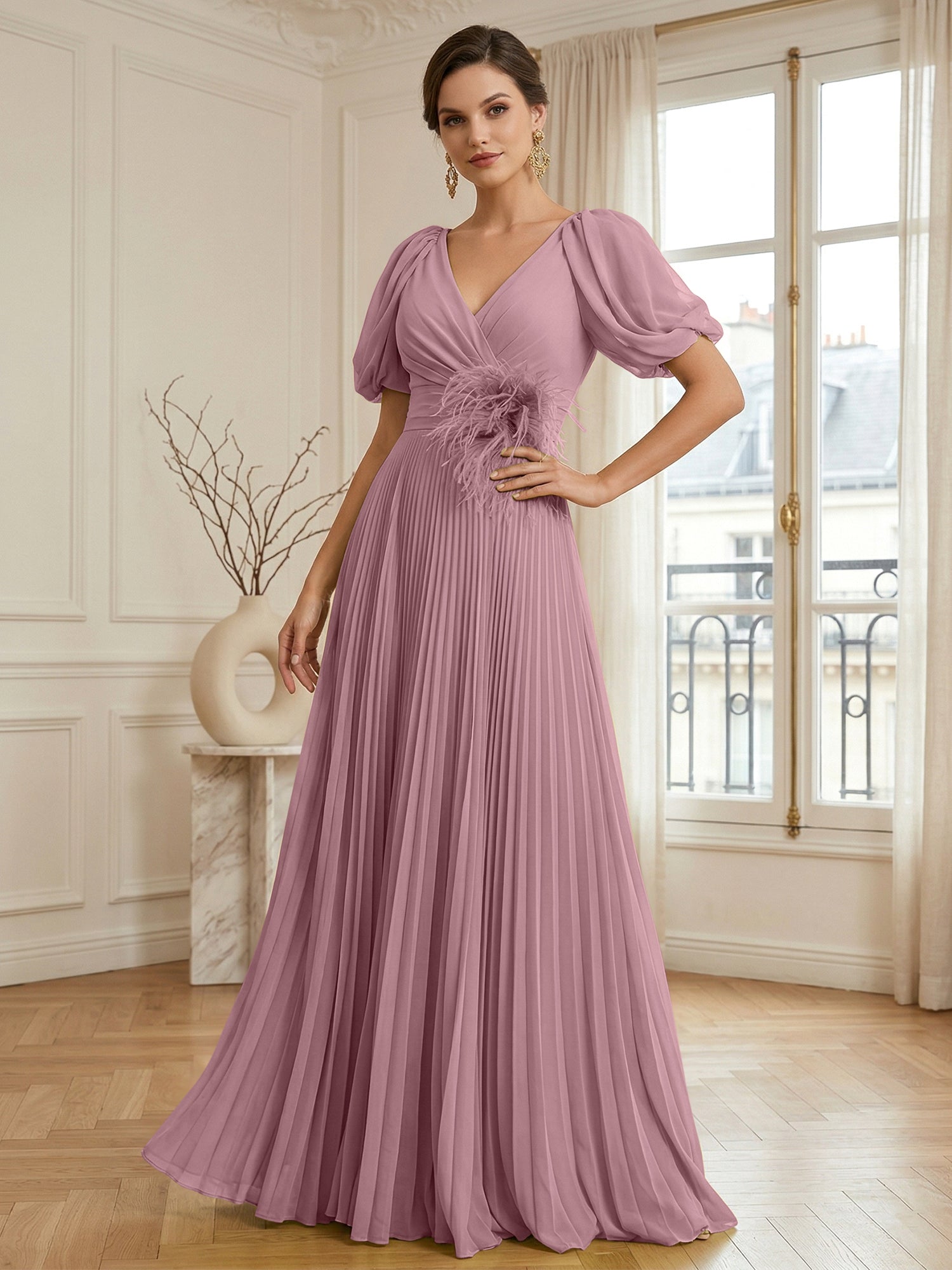 A-Line Chiffon Evening Gown with Feather V-Neck Short Sleeves Formal Dress