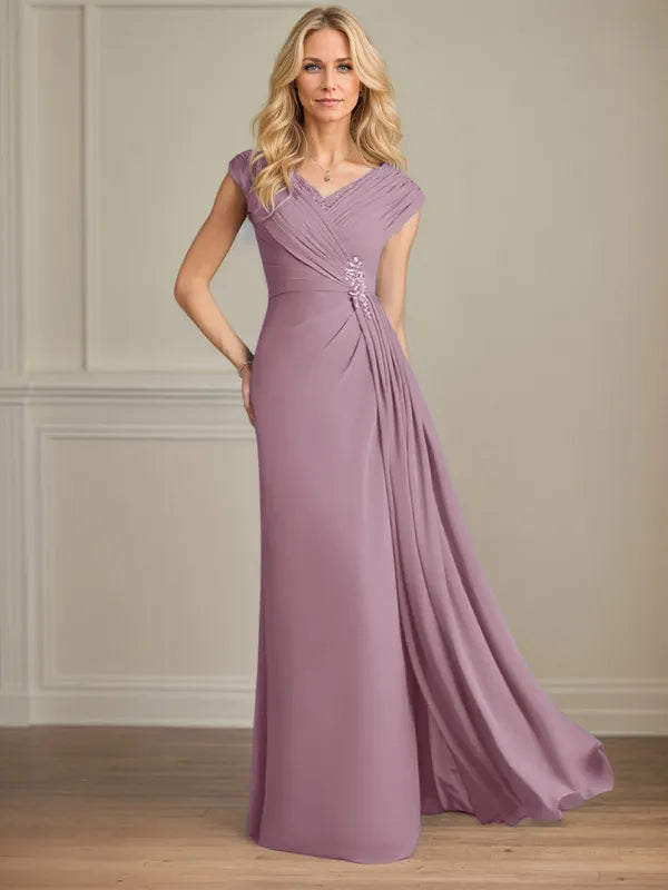 Column Chiffon V Neck Sleeveless Floor Length Mother of the Bride Dresses