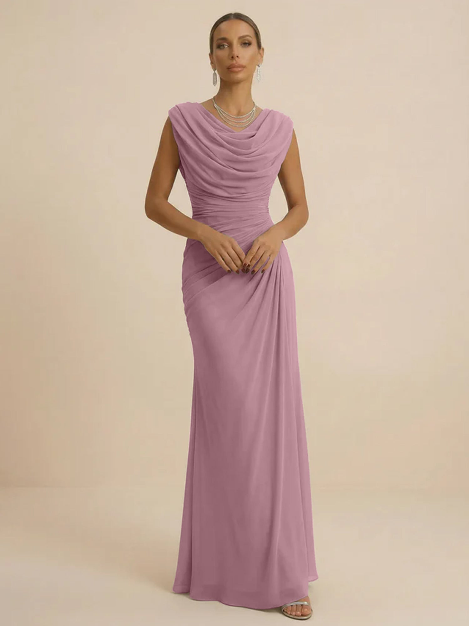 Dusty Grey Draped Cowl Neck Ruched Chiffon Evening Dresses