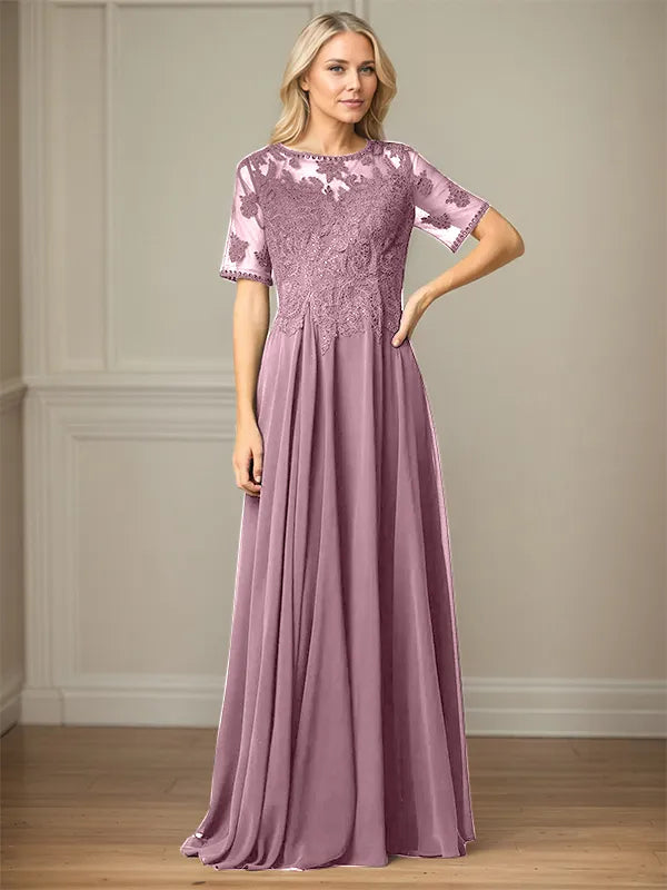 A Line Chiffon Scoop Neck Short Sleeves Floor Length Mother of the Bride Dresses