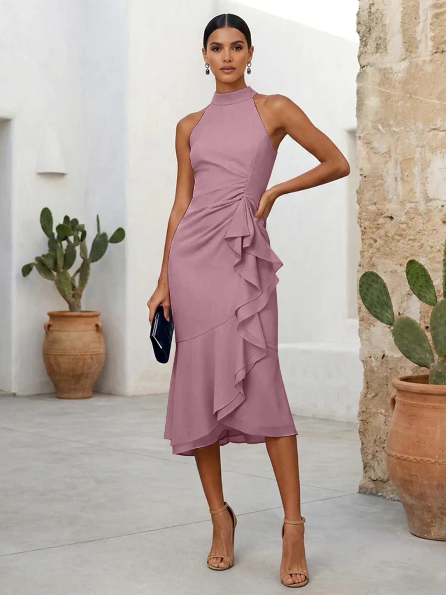 Pink High Neck Chiffon Mermaid Tea Length Evening Dress with Ruffle